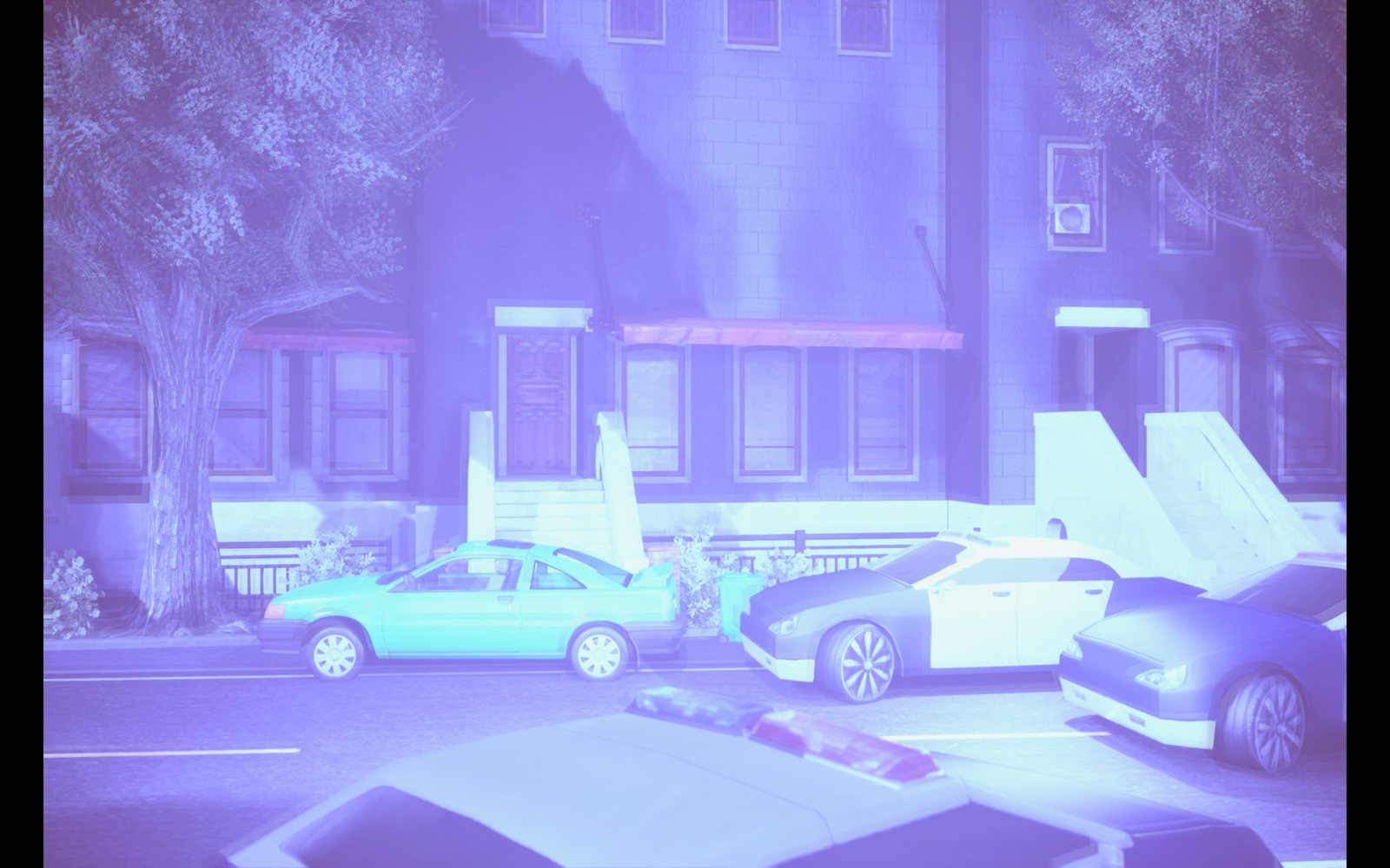 A rendered street of parked cars tinted in teal and violet